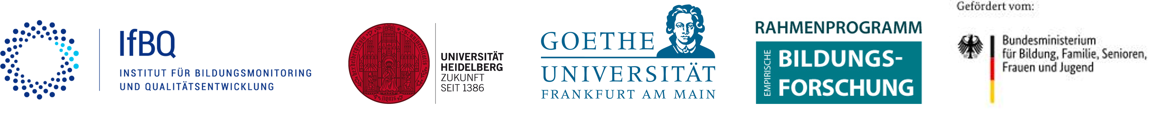 In dieser Grafik sind die Logos der Verbundpartner IfBQ, Universität Heidelberg und Goethe Universität Frankfurt zu sehen. Außerdem das Logo des BMBFSFJ und des Rahmenprogramms empirische Bildungsforschung, durch die das Verbundprojekt MAGIC gefördert wird.